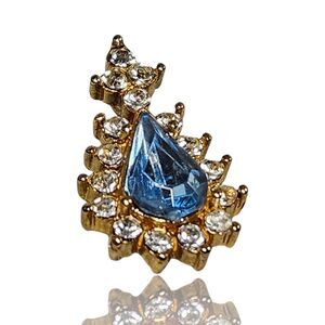 Aquamarine Blue Glass Teardrop Pendant Slide Charm Rhinestone Vtg Gold Tone Chic